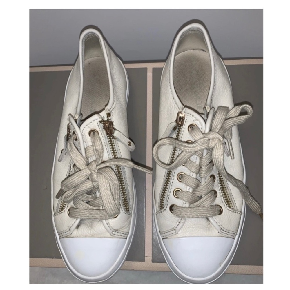 🦜 COACH Cream Ivory Empire Zipper Sneakers Loafers Flats 7.5 Double Zip